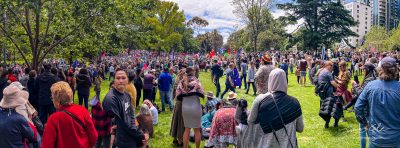 JCCI-100300 - Thousands gather at the Melbourne Australia Freedom March and Kill the Bill Peaceful Protest Rally at Flagstaff Gardens park panoramic