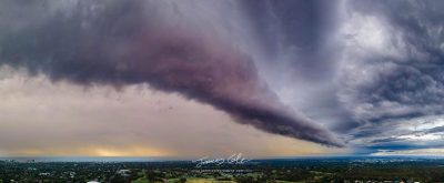 JCCI-100593 - Panoramic Side of Menacing Apocalyptic Storm Front Shelf Cloud Rolling Over Frankston, Victoria, Australia, January 07, 2024