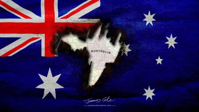 JCCI-100597 - Australian Flag with burnt hole revealing vintage map of Australia