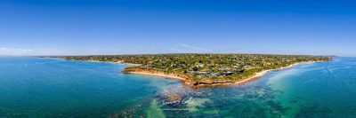 JCCI-100639 - Aerial shot of Daveys Bay Pelican Point, Mount Eliza coastal seascape with turquoise sea and clear blue sky aerial panoramic
